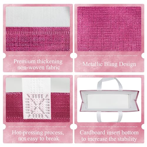 cabzymx 16 Pcs Pink Reusable Gift Bags, Metallic Bling Design Holiday Gift Bag with Handles & Bases, Non-woven Goodie Bag Bulk for Birthday, Wedding, Parties, Graduation- 12.6x4.7x11 In - color: Pink, size: 1 Count (Pack of 16)