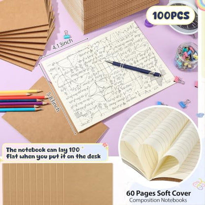 Handepo 100 Pack A6 Composition Notebooks 4"x5.8" Wide Ruled Notebook - color: Kraft Color, size: A6