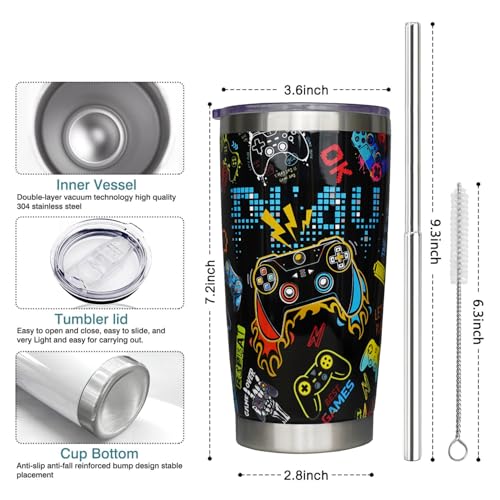 Gamer Gifts For Men,Gaming Gifts For Men,20 oz Gamer Tumbler With Lid and Straw Stainless Steel Insulated Travel Mug Gamer Coffee Cup - color: Gamer Tumbler