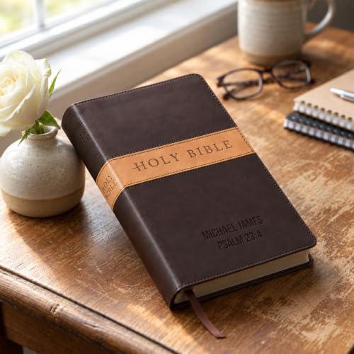 Printualist Personalized NLT Bible, Custom Engraved Name and Scripture Reference, Red Letter New Living Translation Text, Two-Tone Faux Leather Christian Gift for Church Use, Dark Brown and Tan - color: Dark Brown/Tan Tutone