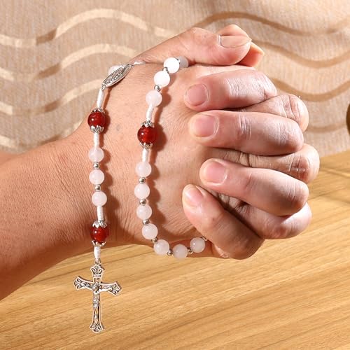 Nazareth Store 8mm White Jade & 10mm Natural Stone Beads Rosary Necklace St. Miraculous Medal & Cross Crucifix Catholic Prayer Beads Religious Jewelry - color: Red Garnet