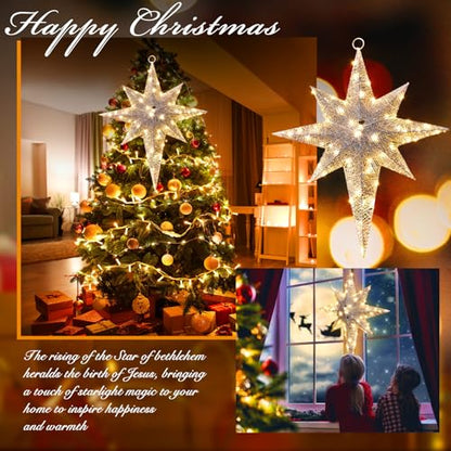Retisee 1 Pcs 24 Inch Christmas Glitter Bethlehem Star Large LED Outdoor Xmas Lights Powered Hanging Outdoor Lighted Christmas Star for Yard Porch Festival Xmas Holiday Nativity Wedding (White)