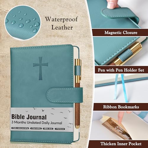 Leather Christian Bible Journal for Men, Prayer Journal for Scripture Study & Daily Devotional, Undated Church Notes Notebook, Jesus Religious Faith Gifts for Pastor, Graduation, Baptism, Aquamarine - color: Blue