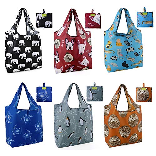 BeeGreen Heavy Duty Bulk Large Reusable Grocery Bags 6 Pack - Foldable Sturdy Recycled Cloth Animal Print Shopping Totes with Handles -Reusable Gifts Bags for Groceries, Travel, Storage & Women - color: Animal-black Burgundy Teal Royal Blue Grey Brown