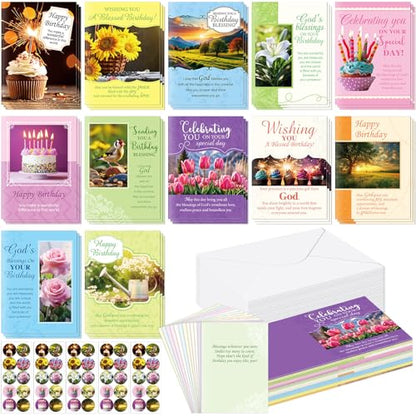 Motiskyy 48 Pack Religious Christian Birthday Cards Bulk with Scripture Assorted Bible Verse 4.5 x 6.2 Inch Christian Blessings Birthday Greeting Cards with Envelopes and Stickers (Warm Message Style) - style: Warm Message Style