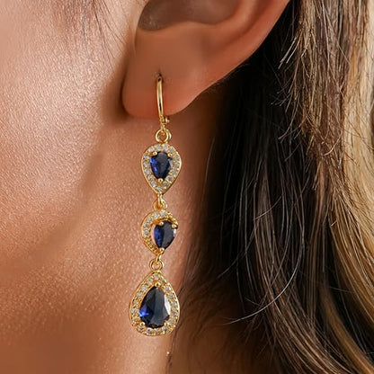 18K Gold Plated, Dangle Earrings for Women, Flower/Heart Drop earrings, Hypoallergenic Cubic Zirconia Earrings, Lightweight, Party, gold earrings, Jewelry for Gifts, Fashion - style: 0354-Navy