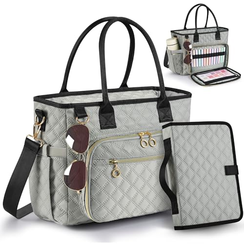 Large Bible Bag with Bible Cover Case for Women Quilted Church Tote Bags for Bible Study, Adjustable Shoulder Strap - color: Gray