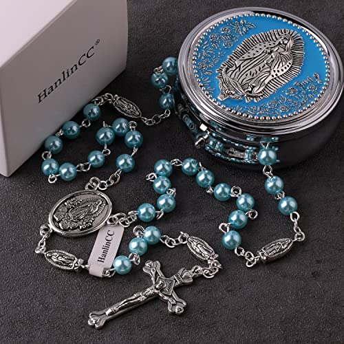 HanlinCC Guadalupe Catholic Rosary Glass Pearl Beads Necklace with Gift Box - color: Guadalupe Rosary Light Blue