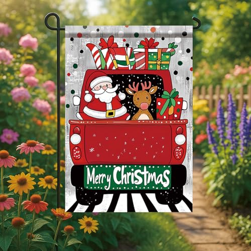 Christmas Garden Flag Merry Christmas Red Truck Santa Reindeer Gifts 12x18 Inch Double Sided Outdoor Yard Banner for Holiday Winter Porch Patio Lawn Rustic Farmhouse Seasonal Home Decoration - color: Red Truck Santa Reindeer Gifts