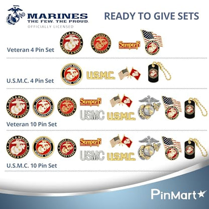 PinMart Officially Licensed U.S.M.C. Lapel Pin - Gold Color Plated Enamel - color: U.S. and U.S.M.C. Flag Gold Plated, size: 10 Pack