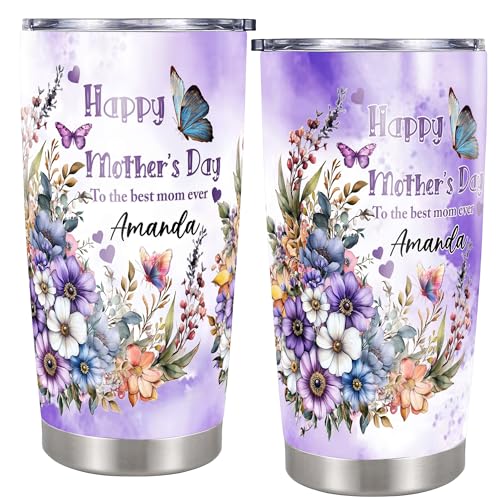 Personalized Mom Tumbler Custom Name Insulated cups Travel Coffee Mug with Lids Stainless Steel 20 30 Oz Gifts for Mom Women Grandma Mother's Day - color: Happy 631