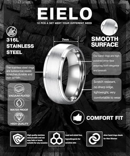 EIELO 12Pcs Mens Stainless Steel Rings Cool Silvery Black Band Ring for Men Women Spinner Chain Fidget Ring Simple Wedding Engagement Ring Set Size7-12