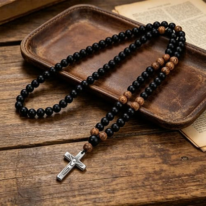 Black Onyx Glass Beads Men's Tiger Eye Stone Bead Necklace - color: Cross Pendant