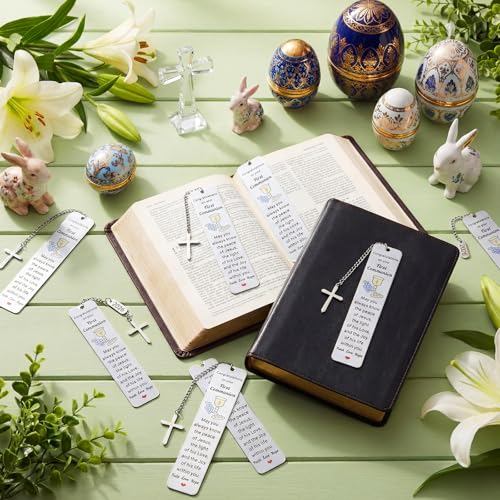 Gueevin 12 Pcs Metal First Communion Gifts 1st Favors Bible Verse Bookmarks with Cross Tassels Christian Religious Bookmarks Bulk with Scripture for Him or Her Book Lover Gift(First Communion) - style: First Communion