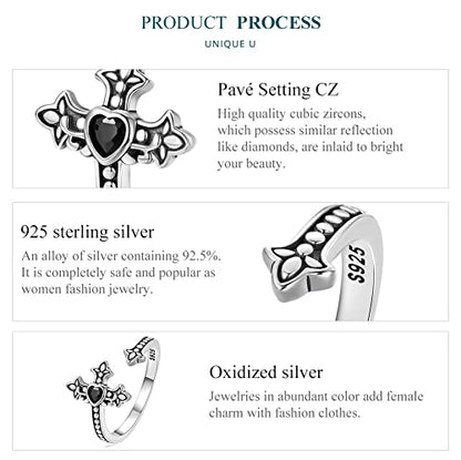 925 Sterling Silver Adjustable Open Ring for Women Trendy Jewelry Gift - color: Silver Cross