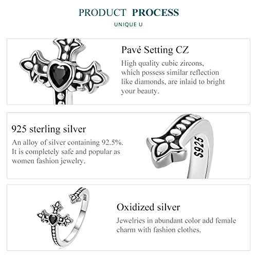 Sterling Silver Adjustable Ring Guitar/Wing/Cross Design, Unique S925 Open Ring Birthday Jewelry for Women - style: Cross
