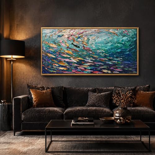 KIRFOLUC Abstract Ocean Wall Art, Large Framed Textured Print Painting - color: Fish, size: 48"L x 24"W