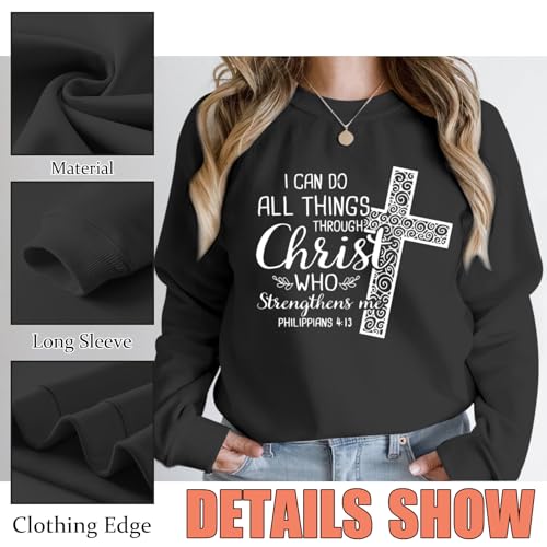 KEEVICI Christian Jesus Sweatshirts For Women Religious Bible Verse Cross Sweatshirt God Hoodie Faith Long Sleeve Shirts - color: Black, size: Medium