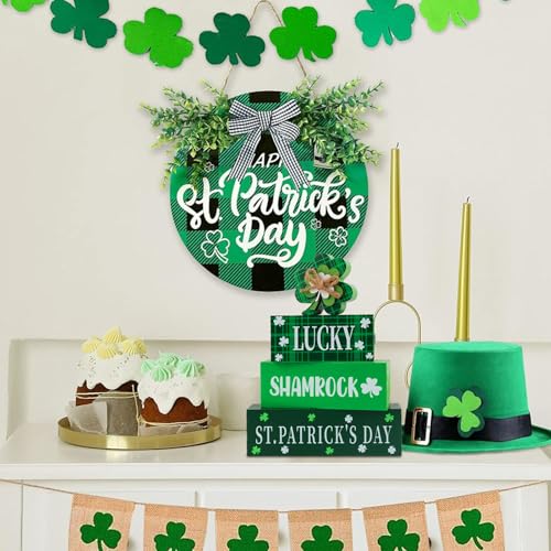 4 Pcs St.Patrick's Day Table Signs Lucky Shamrocks Table Centerpieces Wooden Shamrock Block Signs St Patricks Day Decorations Irish Tiered Tray Decor for Home Office Desk Kitchen Shelf - style: St Patricks