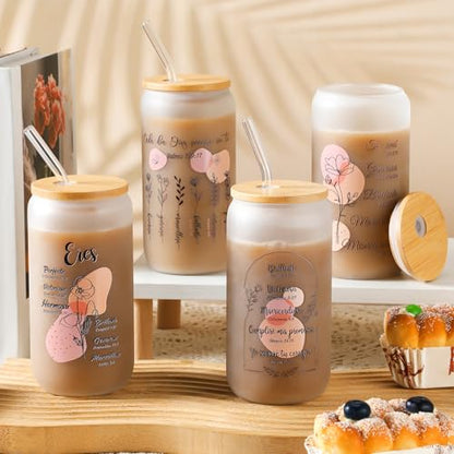 Tioncy 4 Pcs Spanish Christian Glass Cups 16 oz with Bamboo Lids Straw