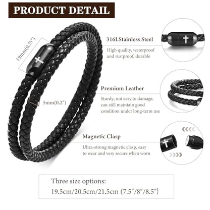 Leather Cross Bracelets for Men : Black Genuine Braided Double Wrap Jesus Cross Braided Leather Bracelets with Stainless Steel Clasp for Men Boyfriend,Christian Jewelry Gifts,8 Inches