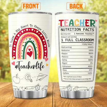 Teacher Appreciation Gift for Women, 20oz Stainless Steel Travel Mug with Rainbow Design and Funny Nutrition Facts, Back to School Thank You Tumbler for Daycare or Preschool - color: Teacher Life Y0