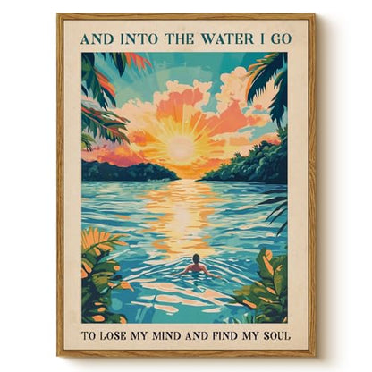 WHASAYART Inspirational Tropical Sunset Framed Wall Art, “And Into the Water I Go” “To Lose My Mind and Find My Soul” Quote Canvas Print, Coastal Ocean 12x16 Beach Sunrise Landscape Room Office Decor - color: Swim