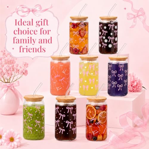 Iced Coffee Mugs, 8 Sets, Glass, 16 oz, Reusable, Pink Bow - color: Pink Bow