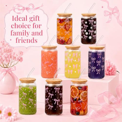 Iced Coffee Mugs, 8 Sets, Glass, 16 oz, Reusable, Pink Bow - color: Pink Bow