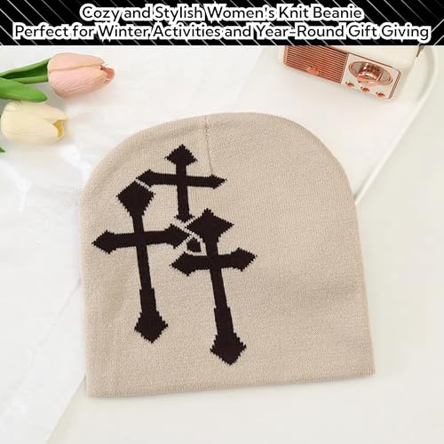 Fashion Knit Beanie with Cross Pattern Y2K Unisex Soft Jacquard Cap Popular Hip-Hop Cool Street Outdoor Sports Earflap Hat - color: Khaki
