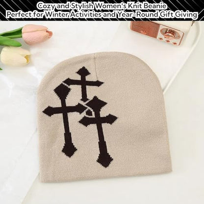 Fashion Knit Beanie with Cross Pattern Y2K Unisex Soft Jacquard Cap Popular Hip-Hop Cool Street Outdoor Sports Earflap Hat - color: Khaki
