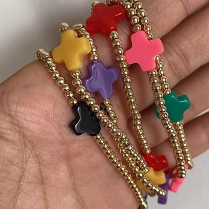 Colorful Cross Charm Bracelets for Women Men Adjustable Gold Plated Beaded Bracelet Boho Bead Ball Stretch Bracelet Birthday Summer Beach Jewelry - color: Beige