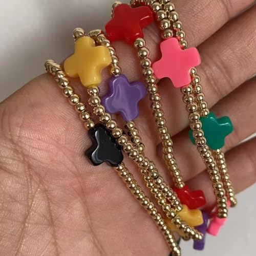 Colorful Cross Charm Bracelets for Women Men Adjustable Gold Plated Beaded Bracelet Boho Bead Ball Stretch Bracelet Birthday Summer Beach Jewelry - color: Green
