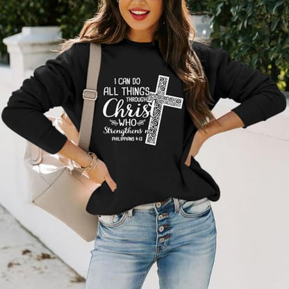 KEEVICI Christian Jesus Sweatshirts For Women Religious Bible Verse Cross Sweatshirt God Hoodie Faith Long Sleeve Shirts - color: Black, size: X-Large