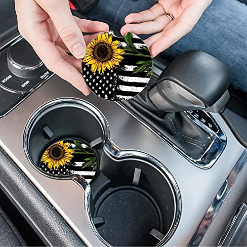 Car Coasters 2 Pack, Small 2.56" Stone Car Cupholder Absorbent Coaster Set for Women Men Drink Cup Holder Coasters (Black Sunflower) - color: Black Sunflower