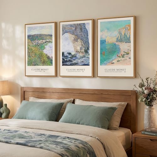 3 Piece Large Framed Monet Landscape Wall Art for Living Room, 16x24 Inch - color: green gray 2, size: 16"W x 24"Hx3Pcs
