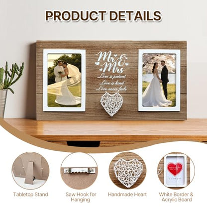 Wedding Gifts for Couples 2026, 15.7x8,3 Inch Mr & Mrs Wedding Frame Double Wooden Wedding Photo Frame Bridal Shower Gift for Bride to Be Personalized Newlywed Gifts for Couple, Engagement Gift for Bride