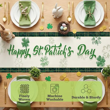 St. Patrick's Day Table Runner, Lucky Leprechaun Hat and Gold Coins Green Shamrock Clover Table Decor, Seasonal Buffalo Plaid Kitchen Dining Decoration for Holiday Home Party, 13x72 Inch - style: Lucky Leprechaun Hat
