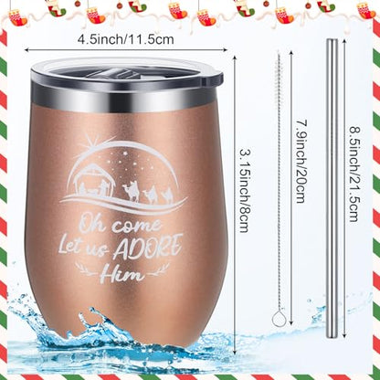 Gejoy 6 Pcs Christmas Wine Tumbler 12 oz Stainless Steel Wine Glass with Lid and Straw Christian Nativity Scene Tumbler Stainless Steel Coffee Cups Travel Mug for Xmas Holiday Party Gift, 6 Patterns