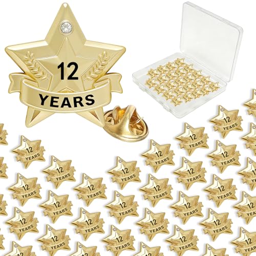 Years of Service Pins, Gold Star Pin for 1-30 Year Work Anniversary, Long Standing Employee Recognition Award Star Pins for Staff, Team & Volunteers - style: 12 Years