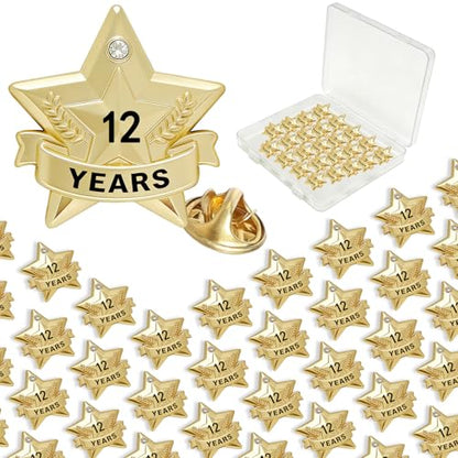 Years of Service Pins, Gold Star Pin for 1-30 Year Work Anniversary, Long Standing Employee Recognition Award Star Pins for Staff, Team & Volunteers - style: 12 Years