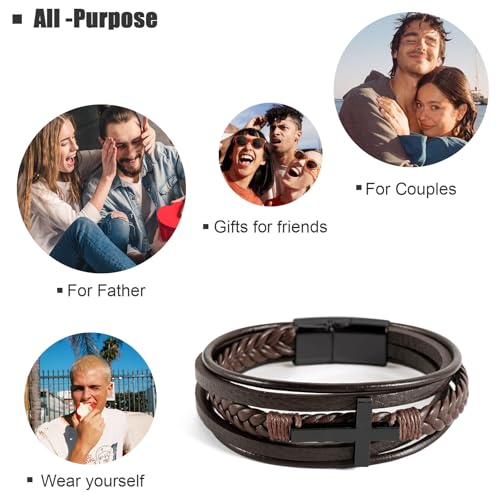 Leather Bracelet for Men Braided Stainless Steel Mens Bracelets - color: Brown-BlackCross