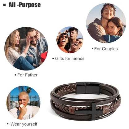 Leather Bracelet for Men Braided Stainless Steel Mens Bracelets - color: Brown-BlackCross