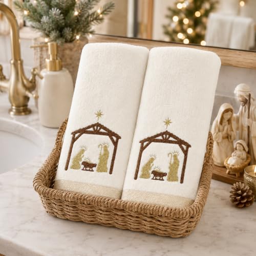 Christmas White Guest Hand Bathroom Towels, Nativity Manger Jesus, 16x26" - color: Manger
