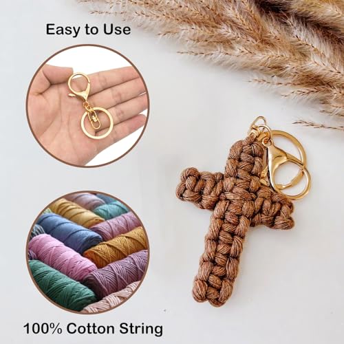 Macrame Cross Keychain,Jesus Key Chain Christian Car Accessories Handmade Soft Cross Keychain Cute Baptism Faith Inspired Boho Decor for Women Men Religious Gifts(Caramel)
