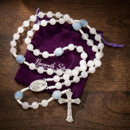 Nazareth Store 8mm White Jade & 10mm Natural Stone Beads Rosary Necklace St. Miraculous Medal & Cross Crucifix Catholic Prayer Beads Religious Jewelry - color: Aquamarine