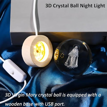 Arikyrist 3D Crystal Virgin Mary Statue Figurine with Wooden Base, Laser Etched Crystal Our Lady of Guadalupe Glass Sphere Statue, 3D Crystal Ball Mother Mary Christian Catholic Religious Easter Gifts - color: 3d Mary#1