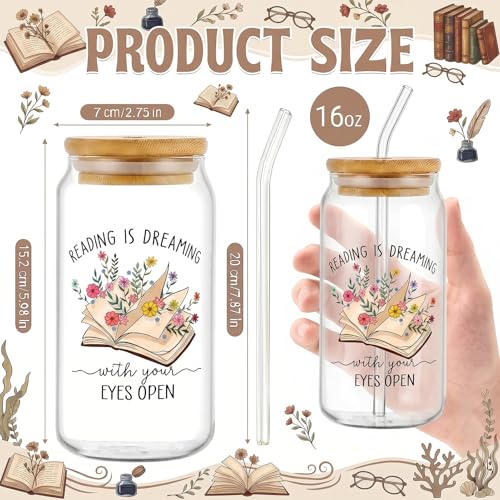 Glass Cups with Lids and Straws, 4Pack, 16oz, Bookworm Book - style: Book Lover