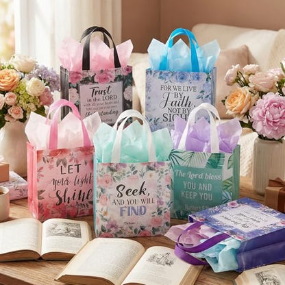 32 Pcs Christian Gift Bags for Women Non Woven Bulk Religious Gift Bags with Handles Reusable Flower Bible Verse Tote for Church Events, Baptism, Easter, Communion, Wedding