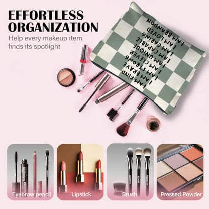 Inspirational Makeup Bag, Affirmation Encouragement Gifts for Women, Sage Green Checkered Cosmetic Bag Canvas Toiletry Zipper Pouch for Women - color: I AM KIND